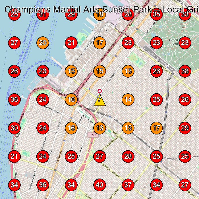 Champions Martial Arts Sunset Park GeoGrid visibility map for Martial Arts School in Brooklyn